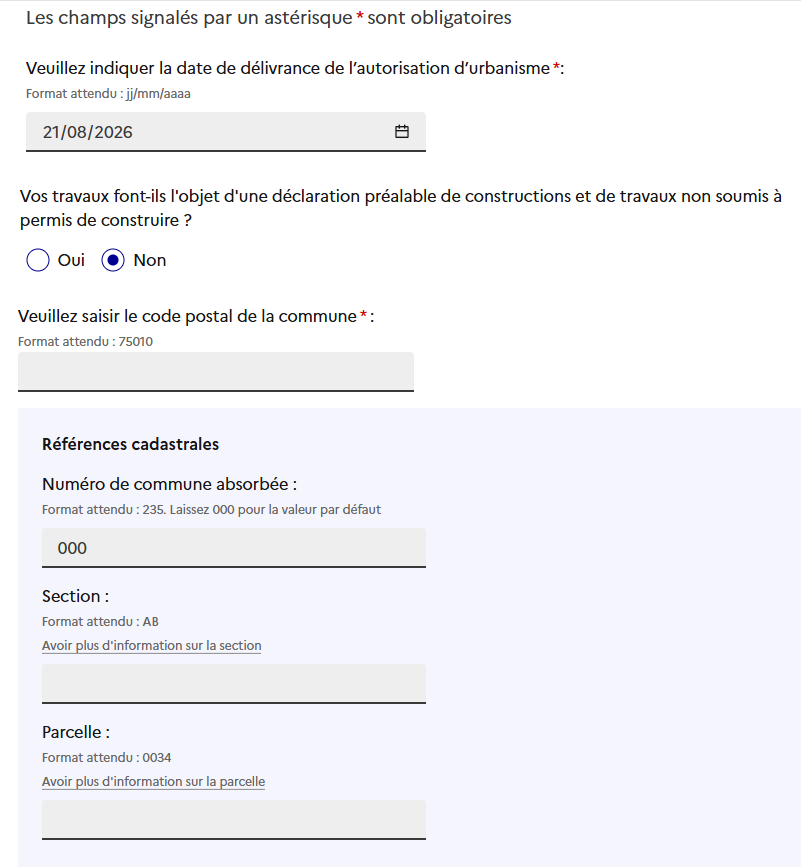 Capture d'écran du simulateur officiel de taxe d'aménagement sur impots.gouv.fr — étape 1 : saisie de la localisation du projet
